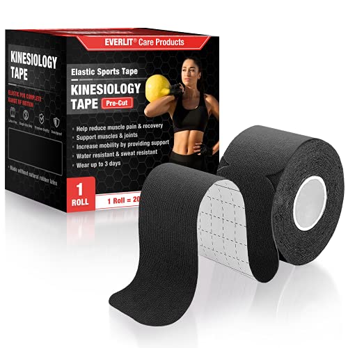 EVERLIT [Single] Pre-Cut Elastic Cotton Kinesiology Therapeutic Athletic Sports Tape, for Pain Relief and Support, 20 Precut 10” Strips (Black)
