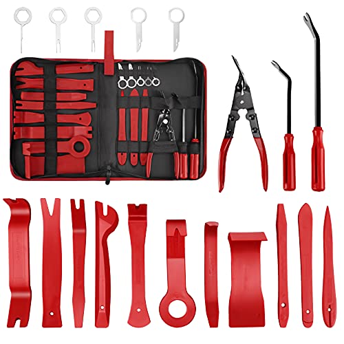 Aodigesa 19 Pcs Trim Removal Tool, Auto Clip Pliers Fastener Terminal Remover Set, Plastic Pry Tool Kit for Car Panel/Dash/Door/Audio/Radio/Stereo with Storage Bag (Red)