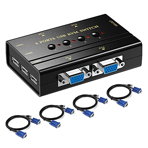 Rybozen VGA KVM Switch 4 Port, USB VGA KVM Switches Box for 4 PC Sharing One Monitor and 3 USB Devices, Wireless Keyboard, Mouse, Scanner, Printer, with 4 2-in-1 USB VGA Cables, Buttons Swapping