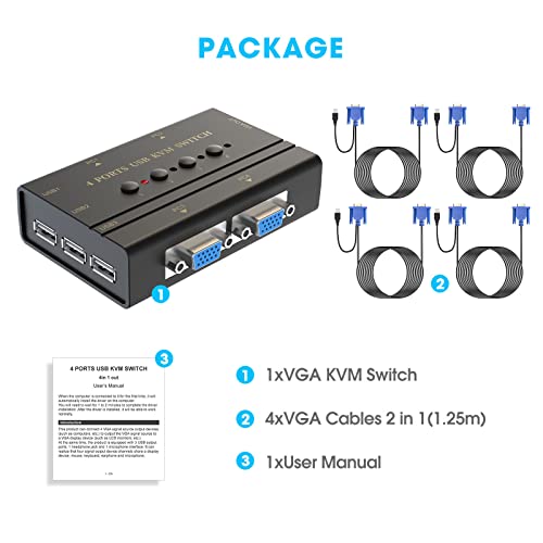 Rybozen VGA KVM Switch 4 Port, USB VGA KVM Switches Box for 4 PC Sharing One Monitor and 3 USB Devices, Wireless Keyboard, Mouse, Scanner, Printer, with 4 2-in-1 USB VGA Cables, Buttons Swapping | The Storepaperoomates Retail Market - Fast Affordable Shopping