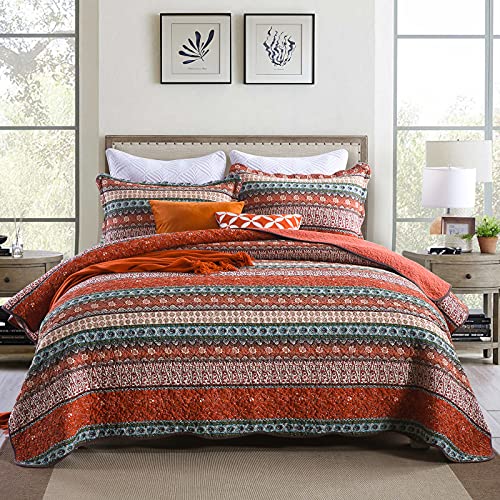 Boho Floral Quilt Set Queen,3 Pieces 100% Cotton Quilt Bohemian Orange Red Striped Patchwork Bedspread with 2 Pillow Shams Bedding Set Coverlet Set for All Season Queen Size(90″x98″)