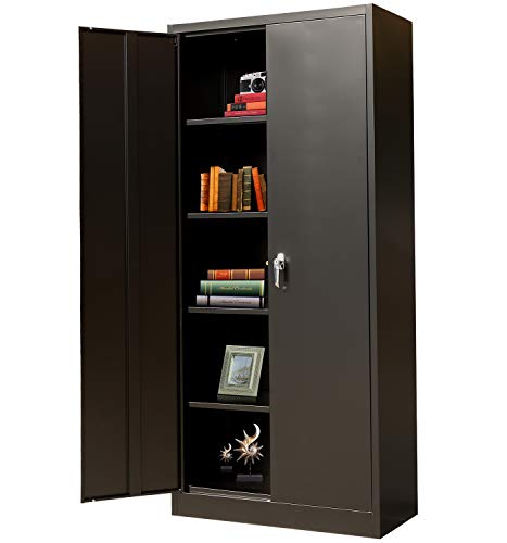 Metal Storage Cabinet with 2 Doors and 4 Shelves, Lockable Steel Storage Cabinet for Office, Garage, Warehouse, 70.86″ H x 31.5″ W x 15.75″ D (Black)