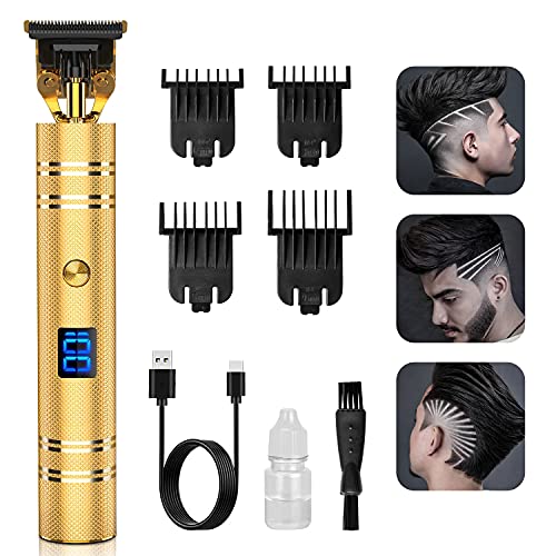 Hair Trimmer, Qhou Newest T-Blade Outline Trimmer for Men, Electric Pro Li Cordless Trimmer Zero Gapped Detail Liners for Men Barbershop Beard Shaver Rechargeable Hair Clippers with LED Display-Gold
