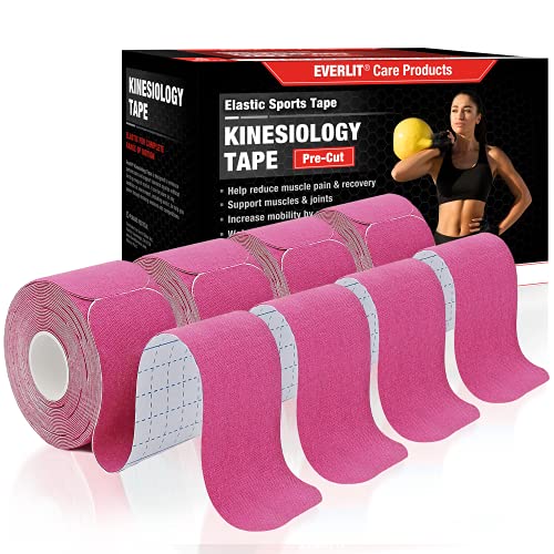 EVERLIT [4-Pack] Pre-Cut Elastic Cotton Kinesiology Therapeutic Athletic Sports Tape, for Pain Relief and Support, 80 Precut 10” Strips (Pink)