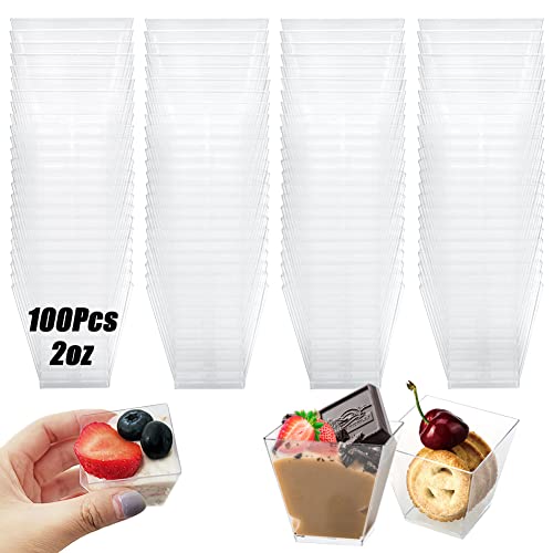 Qyyiguf 100 Pack 2oz/60ml Plastic Square Dessert Cups,Mini Clear Appetizer Cups,Small Disposable Square Cup Serving Bowl for Chocolate Cakes,Ice Cream