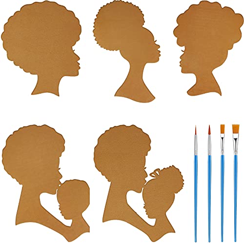 5 Pieces African Girl Wooden Craft Wreath Template Mother and Child Wreath DIY Template African Girl Image Wooden Template Head Silhouette Template, 6 Pieces Round Flat Paintbrushes for Mom Present