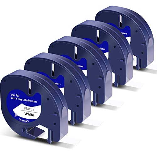 Filery 5-Pack Label Maker Tape for DYMO LetraTag Refill Plastic 91331, Compatible Label Tape Replacement, Black on White 91331 Label Tape for LT-100T LT-100H LT-110T QX50, 12mm x 4m