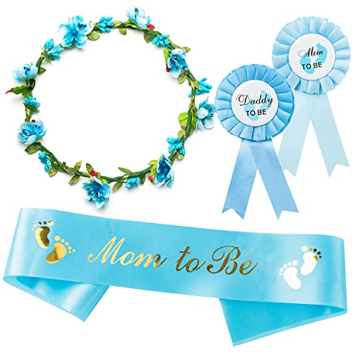 Blue and Gold Mom to Be Sash Kit Gender Reveals Party Floral Garland Crown with Daddy to Be Tinplate Badge Combo Decor Supplies Favors for Boys Baby Shower Party Photo Prop Gift