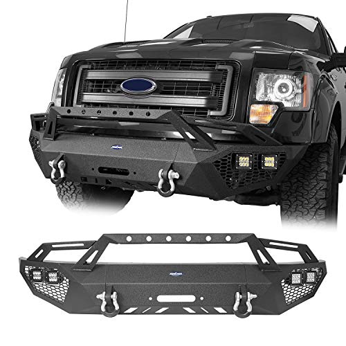 Hooke Road F150 Full Width Steel Front Bumper w/Bull Bar and Winch Plate Compatible with Ford F-150 (Excluding Raptor) 2009 2010 2011 2012 2013 2014 Pickup Truck