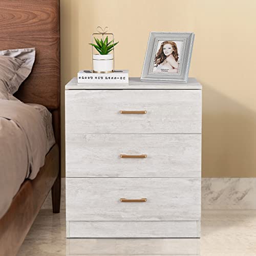 GREATMEET 3 Drawers File Cabinet, Wooden Storage Dresser, Wood Chest of Drawers for Closet,White Nightstanad for Home, Bedroom,