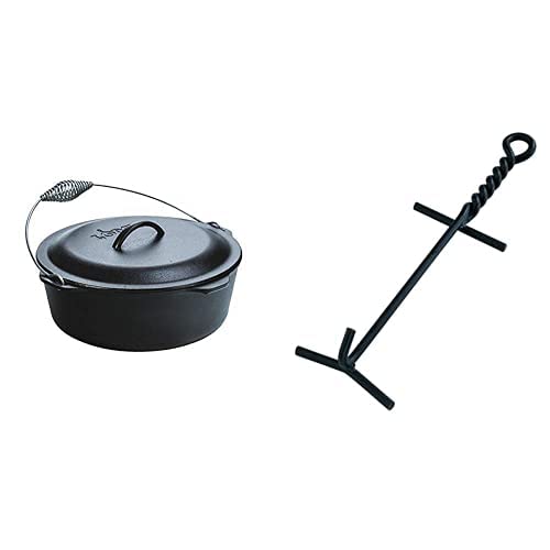 Lodge L12DO3 Cast Iron Dutch Oven with Iron Cover, Pre-Seasoned, 9-Quart & Camp Dutch Oven Lid Lifter. Black 9 MM Bar Stock for Lifting and Carrying Dutch Ovens. (Black Finish)