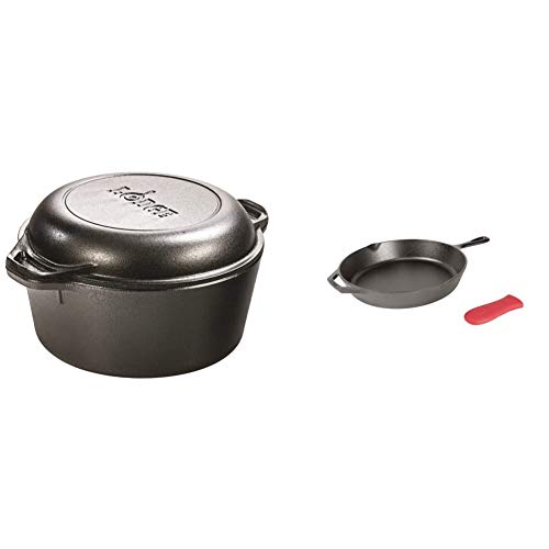 Lodge Cast Iron Serving Pot Cast Iron Double Dutch Oven, 5-Quart & Cast Iron Skillet with Red Silicone Hot Handle Holder, 12-inch