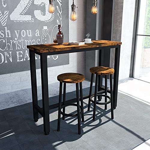 Hooseng Bar Table Set, 3 Piece Dining Table Set, Breakfast Bar Table for 2, Rectangle Kitchen Table Set with Steel Frame Pub Table for Small Space, Farmhouse, Cafe, Kitchen, Dining, Rustic Brown