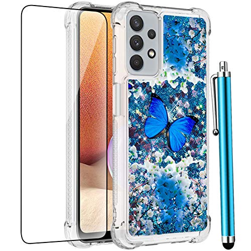 CAIYUNL for Samsung Galaxy A32 5G Case (Not fit A32 4G) with Tempered Glass Screen Protector,Women Girls Glitter Bling Floating Liquid Sparkle Cute Soft TPU Protective for Samsung Galaxy A32-Butterfly
