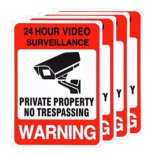 Olodeer 4 Pack Private Property No Trespassing Warning Sign,10×7 Inches 0.4 Aluminum Anti-Rust, 24 Hours Video Surveillance Warning Signs Outdoor Use