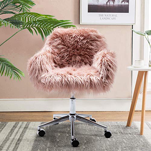 DKLGG Faux Fur Desk Chair, Cute Fluffy Upholstered Padded Seat, Vanity Accent Modern Height Adjustable Swivel Arm Decorative Furniture for Living Room/Makeup/Home Office/Teen Girls Bedroom, Pink
