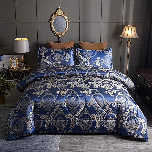 Raytrue-X King Comforter Set Silk Blanket All Season Bed Comforter King Set Royal Blue Jacquard Quilt Soft Microfiber Bedding Sets Matching 2 Pillow Shams(King, 104×90 inches)