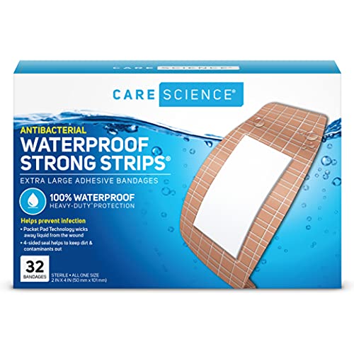Care Science Waterproof Strong Strips Adhesive Bandages, Extra Large, 32 CT | 100% Waterproof, Heavy-Duty Protection, Helps Prevent Infection for First Aid and Wound Care