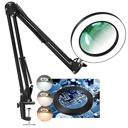 LANCOSC Magnifying Glass with Light and Stand, 5 Inches 5X Real Glass Lens, 3 Color Modes Stepless Dimmable LED Desk Lamp, Adjustable Arm Lighted Magnifier Light for Reading Repair Crafts Close Work