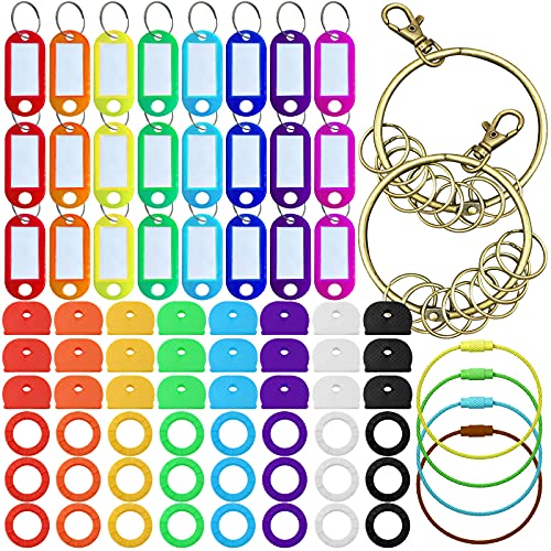 Daily Treasures 78Pcs Key Caps Tags Covers Set, 48Pcs Plastic Key Identifier Covers & 24Pcs Plastic Tags Labels with 6Pcs Wire Keychains-Key ID Ring Covers for Keys Organization (8 Colors, 2 Styles)
