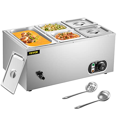 VEVOR 110V Commercial Food Warmer 1×1/3GN and 4×1/6GN, 5-Pan Stainless Steel Bain Marie 13.7 Quart Capacity,1500W Steam Table 15cm/6inch Deep, Electric Food Warmer with Lid for Catering Restaurants