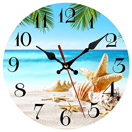 AMZBSR Silent Non-Ticking Wooden Decorative Round Wall Clock Quality Quartz Battery Operated Wall Clocks Vintage Country Style Home Decor Round Wall Clock(10 Inch, Blue Sea Beach Starfish)