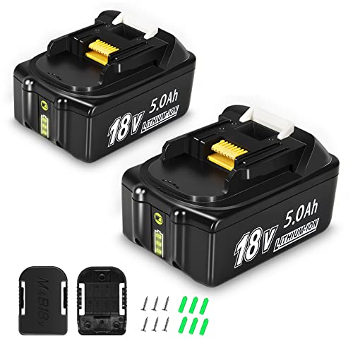 YongerTool 5.0Ah BL1850B Battery Replacement for Makita 18V Battery,5000mAh High Capacity Compatible with Makita LXT Lithium Ion Battery BL1815B BL1840B BL1830B BL1820B,2 Pack with Mount Holder
