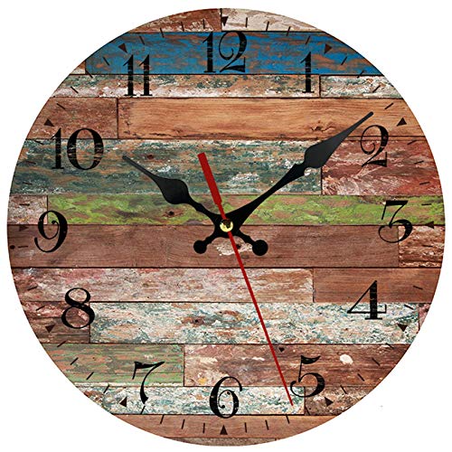 AMZBSR Silent Non-Ticking Wooden Decorative Round Wall Clock Quality Quartz Battery Operated Wall Clocks Vintage Country Style Home Decor Round Wall Clock(10 Inch, Colorful Rustic)