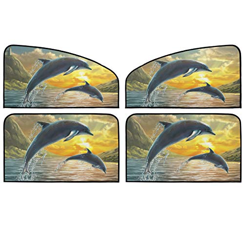 Car Side Window Sunshades Set of 4 Dolphins Jumping Out Of Sea Sunset Car Windshield Sunshade Car Sun Shade Side Protect from Sunlight, Heat and UV Rays