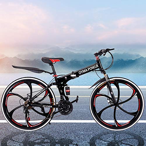 26 inch Folding Mountain Bike for Men & Women High-Carbon Steel Adults Mountain Bike Outdoor Exercise Road Bikes with 21 Speed Dual Disc Brakes Full Suspension Non-Slip | US in Stock