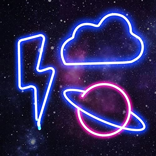 YOUXIFUN Neon Lights 3 Pack, Planet Lightning Cloud Neon Signs, Neon Light Sign, Led Signs, Battery and USB Operated, for Kids Room, Bedroom, Bar, Christmas, Wedding Party
