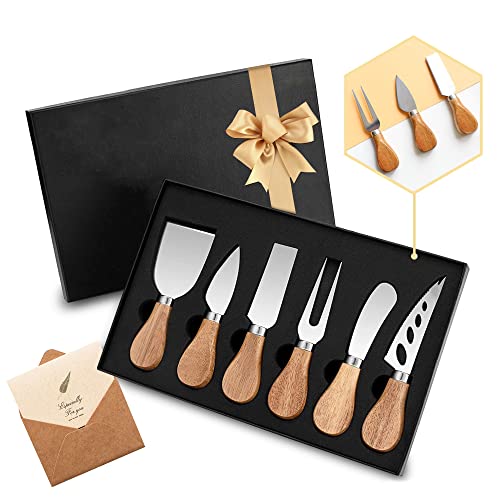 WiTisve Premium 6-Piece Cheese Knives Set, Complete Stainless Steel Cheese Knives Set with Wood Handles & Full-Length Blades Fit for Birthday/Parties/Wedding/ Housewarming/Anniversary (Gift-Ready)