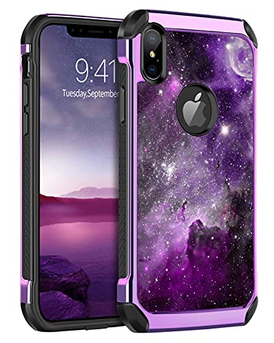 BENTOBEN iPhone Xs Max Case, Shockproof Glow in The Dark Slim 2 in 1 Hybrid Hard PC Soft Bumper Nebula Space Design Anti-scratch Protective Phone Cases Cover for iPhone Xs Max 6.5″ 2017, Purple Galaxy