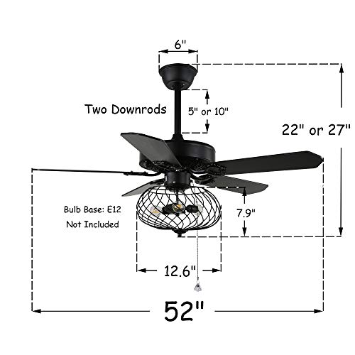 52″ Vintage Industrial Ceiling Fan with Lights and Remote Control, Ceiling Fan Fandelier With Reversible Blades, 3 Speed, Black… | The Storepaperoomates Retail Market - Fast Affordable Shopping