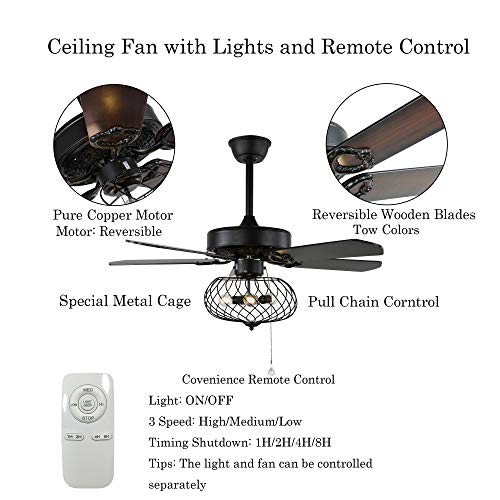 52″ Vintage Industrial Ceiling Fan with Lights and Remote Control, Ceiling Fan Fandelier With Reversible Blades, 3 Speed, Black… | The Storepaperoomates Retail Market - Fast Affordable Shopping