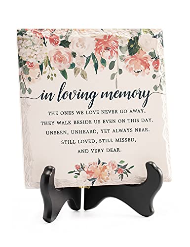 LukieJac In Loving Memory Ceramic Tile with Wooden Stand, Remembrance Sympathy Gifts for Loss of Loved One- Bereavement/Condolences/Grief Gifts-Funeral Decor Sorry for Your Loss -Flowers(3 Options)
