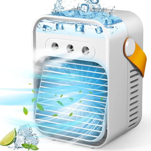 Portable Air Conditioner Fan,Personal Evaporative Air Cooler Quiet Desk Fan with Handle,Rechargeable Humidifier with 7 Colors Light,3 Speeds & 3 Spray Modes for Room Office Home Travel,White 2021s