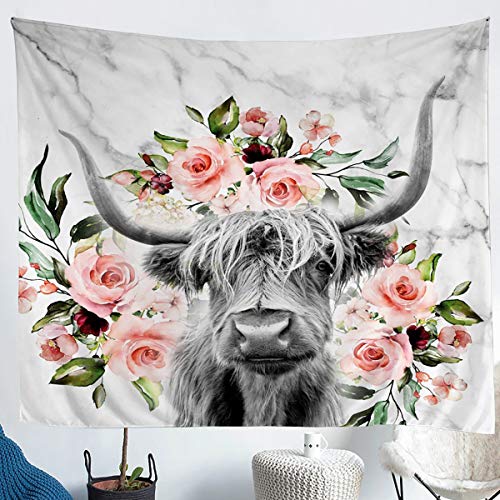 Erosebridal Highland Cow Flower Tapestry Bull Cattle Wall Hanging Bedroom Decorative Western Funny Animal Wall Tapestry Wildlife Farmhouse Cow Wall Blanket Rose Grey Marble Tapestries Medium 59×59