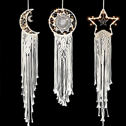 Jetec 3 Pieces Dream Catcher Bohemian Moon Star Sun Design Woven Wall Hanging Decor Handmade Traditional Design with 3 Pieces LED Light for Home Wedding Decoration Living Room Bedroom Craft