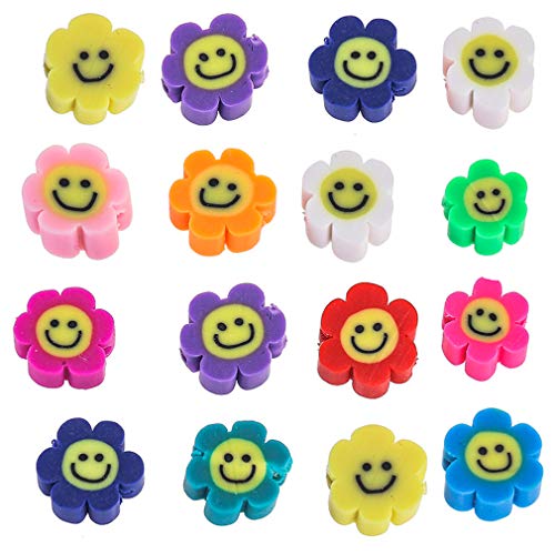 YEYULIN 100pcs Mixed Sun Flower Smiley Polymer Clay Spacer Beads for Women Girls Jewelry Making DIY Bracelet Necklace Hair Clip Accessories
