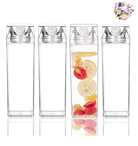 4 Pack Clear Milk Carton Water Bottles Creative Square Transparent Cup (4 Pack – Clear)