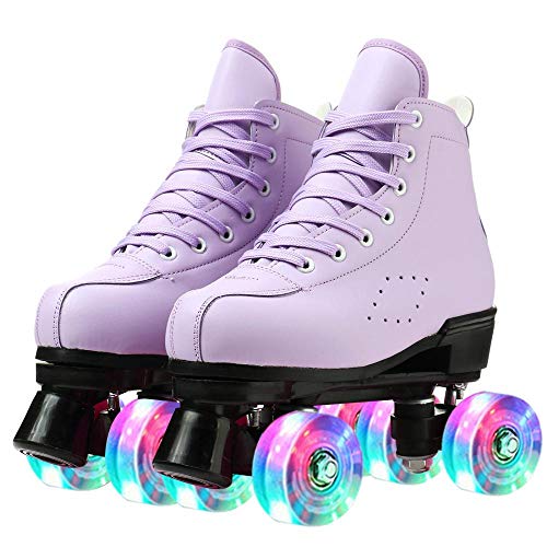Roller Skates for Women PU Leather High-top Roller Skates Four-Wheel Roller Skates Girl Indoor Outdoor Skating Shoes (Purple with flash wheel,7 M US=38)