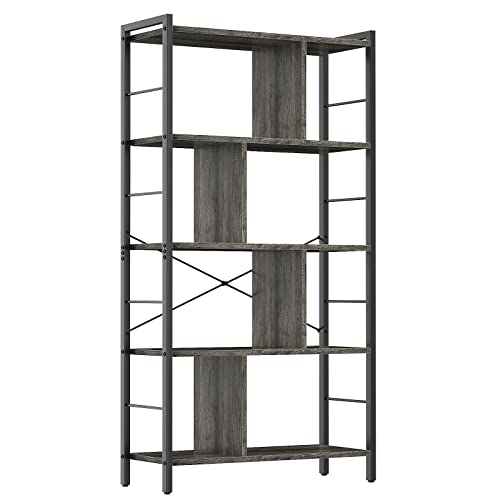 armocity Bookshelf, 5 Tier Tall Modern Bookcase Wood Metal Frame Standing Book Shelf, Display Bookshelves Storage Organizer for Bedroom Living Room Home Office, Grey