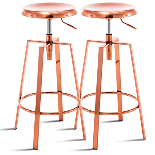 MFD Living Adjustable Industrial Bar Stool,Swivel Round Metal Barstools Set of 2,Counter Height Armless Metal Frame Bar Chair for Kitchen Bistro PubPub Bar (Rose Gold)
