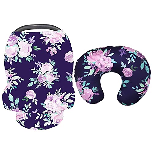 TANOFAR Nursing Pillow Cover & Carseat Cover Set, Purple Floral Breastfeeding Pillow Slipcover & Car Seat Canopies for Baby Boys & Girls, Nursing Pillow Case & Stroller Covers for Newborn, Soft Fabri