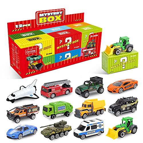 Diecast Toy Cars Set for 3 4 5 6 7 8 Year Old Boys, 12 Pack Mini Metal Cars 1/64, 12 Theme in one Set Blind Box Edition- Include Farm, Space Ship, Truck for Children Birthday Party Decor Gifts
