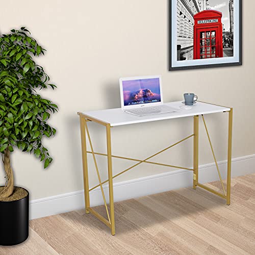 RAAMZO Folding Desk 40″ Writing Computer Laptop Desk Space Saving Foldable Table Simple Home Office Desk – No Assembly Required, Gold with White