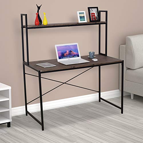 RAAMZO Computer Desk with Hutch and Shelves 47 Inch, Home Office Desk Bookshelf Study Working Table Workstation for Small Space and Bedroom, Vintage Dark Brown with Black Metal Frame