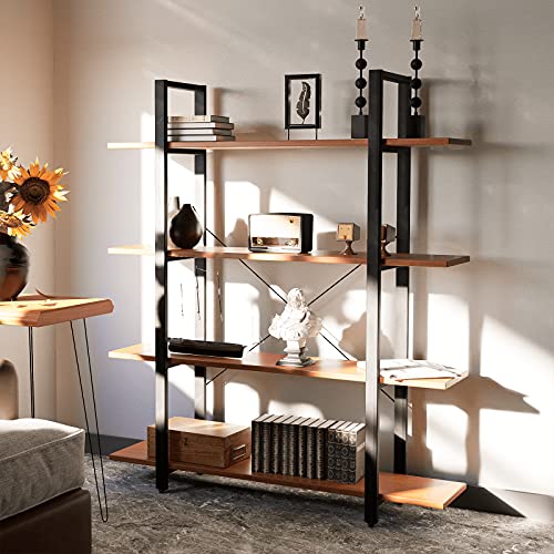 CONSDAN Industrial Bookshelf, USA Grown Hardwood, Real Wood Bookshelves, Modern Open Rustic Bookcase, Storage Shelf, Display Shelf, Poplar Solid Wood-4 Tier Shelf