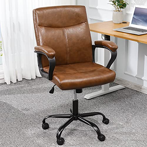 DICTAC Home Office Chair Leather Office Chair Brown Desk Chairs with Armrest Executive Rolling Swivel Task Chair Adjustable 30° Mid Back